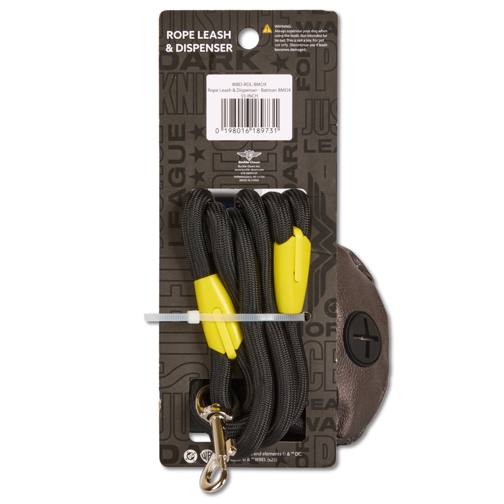 Dog Leash - Batman Black Rope Leash with Bat Signal Oval Shape Dispenser Dog Leashes Rope Leash + Waste Bag Dispenser DC Comics