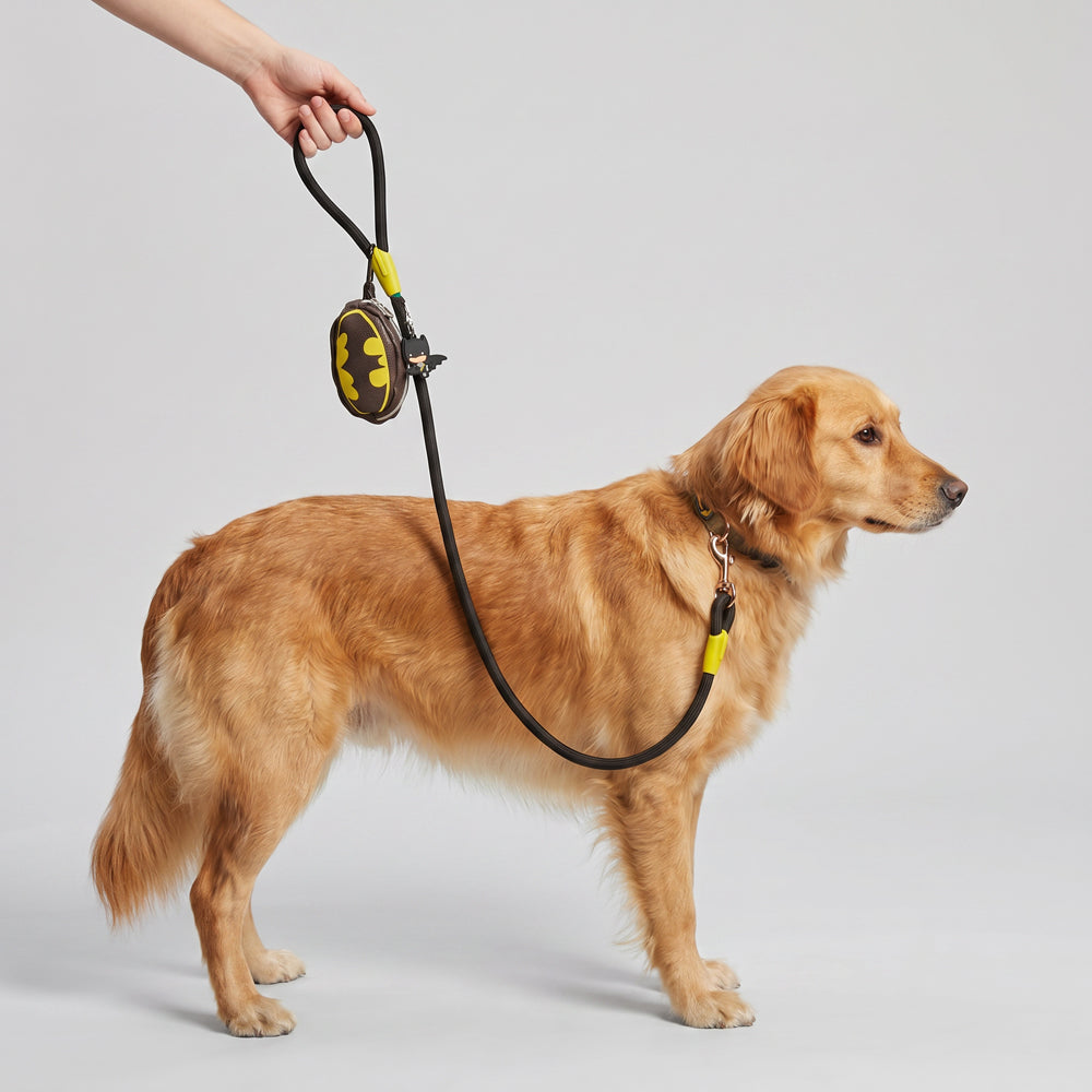 Dog Leash - Batman Black Rope Leash with Bat Signal Oval Shape Dispenser Dog Leashes Rope Leash + Waste Bag Dispenser DC Comics