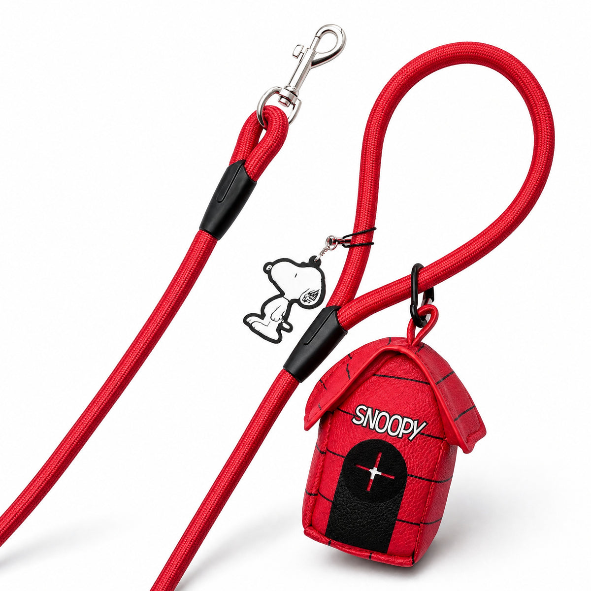 Dog Leash - Peanuts Snoopy Red Rope Leash with Dog House Shape Dispenser Dog Leashes Rope Leash + Waste Bag Dispenser Peanuts