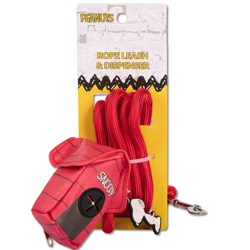 Dog Leash - Peanuts Snoopy Red Rope Leash with Dog House Shape Dispenser Dog Leashes Rope Leash + Waste Bag Dispenser Peanuts