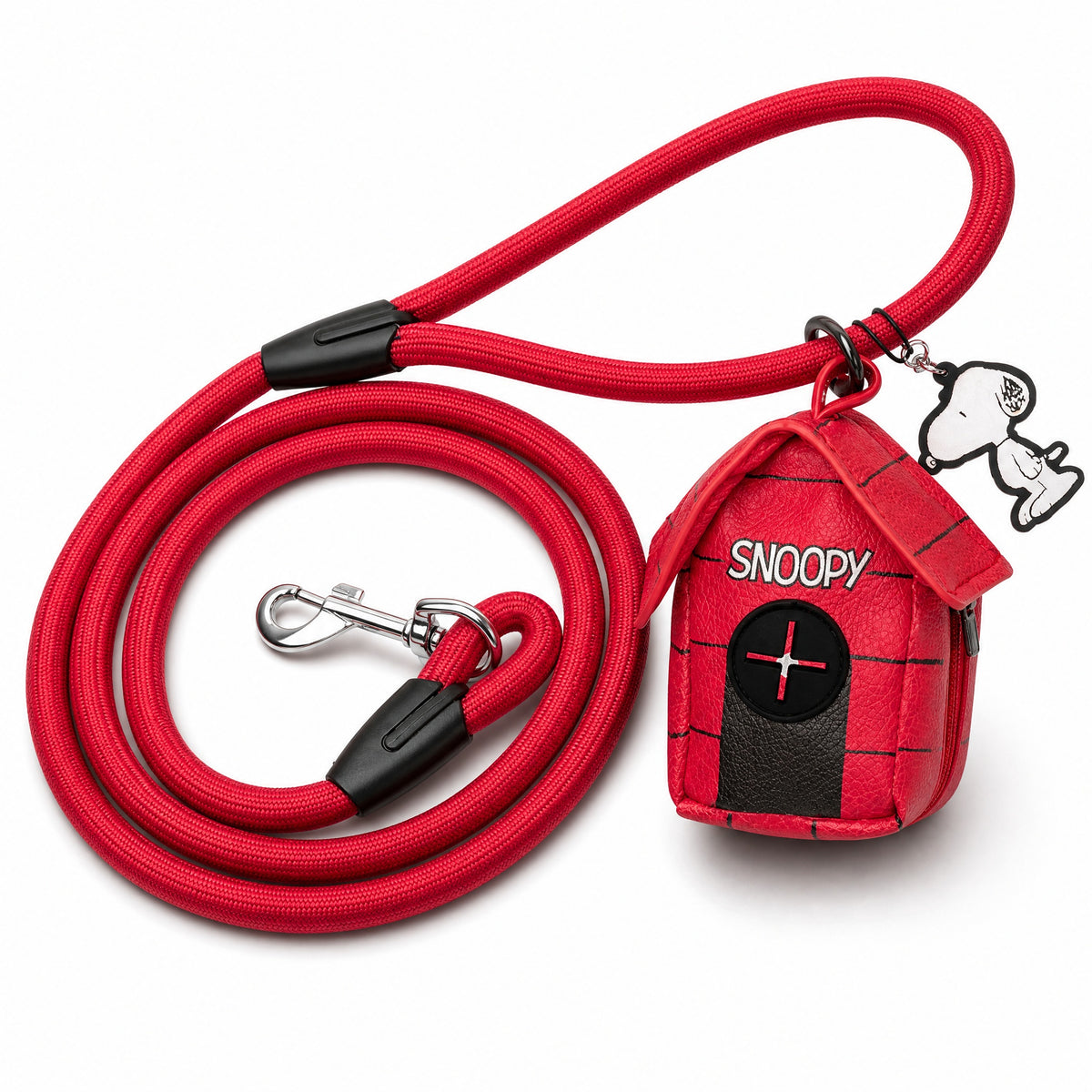 Dog Leash - Peanuts Snoopy Red Rope Leash with Dog House Shape Dispenser Dog Leashes Rope Leash + Waste Bag Dispenser Peanuts