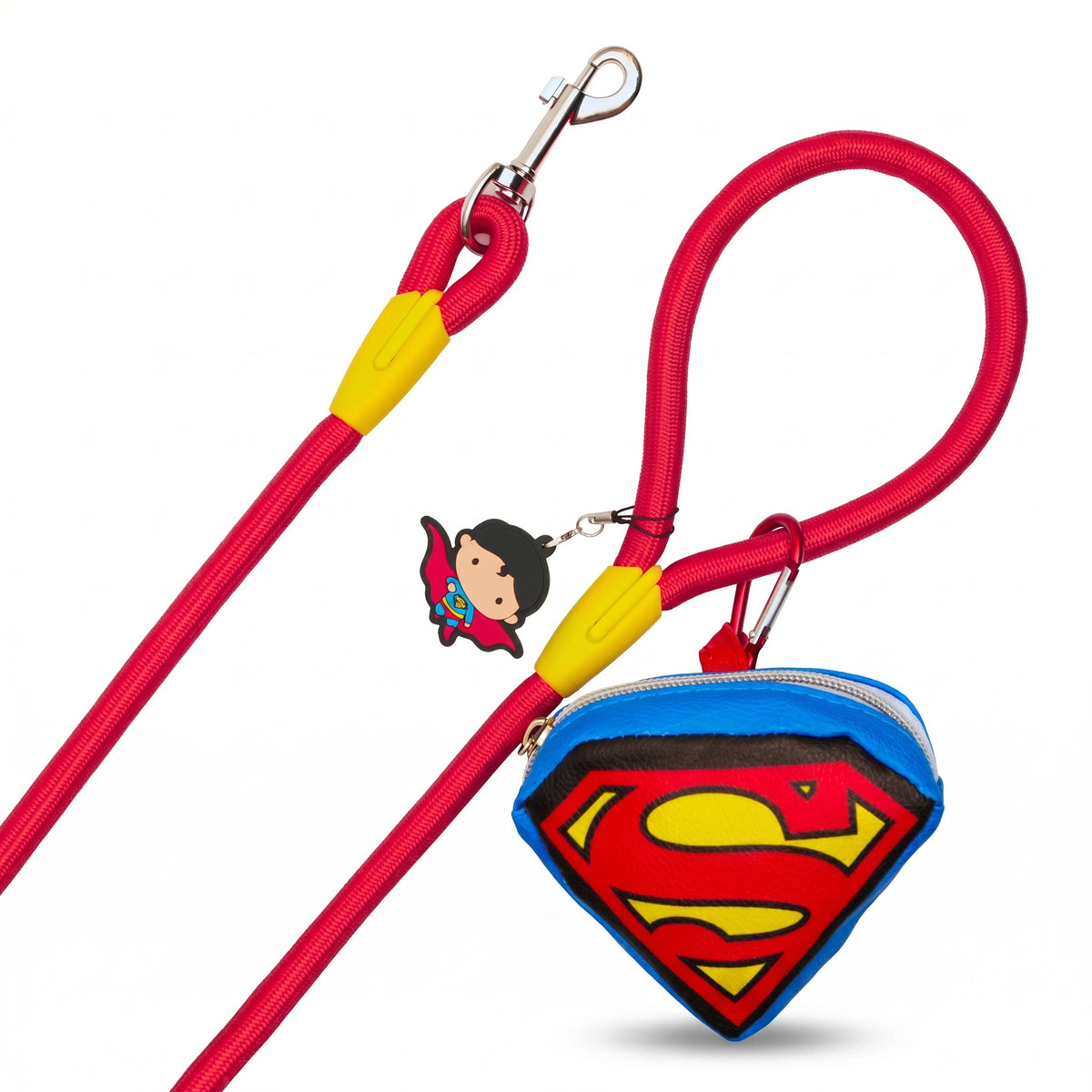 Dog Leash - Superman Red Rope Leash with Super Shield Shape Dispenser Dog Leashes Rope Leash + Waste Bag Dispenser DC Comics