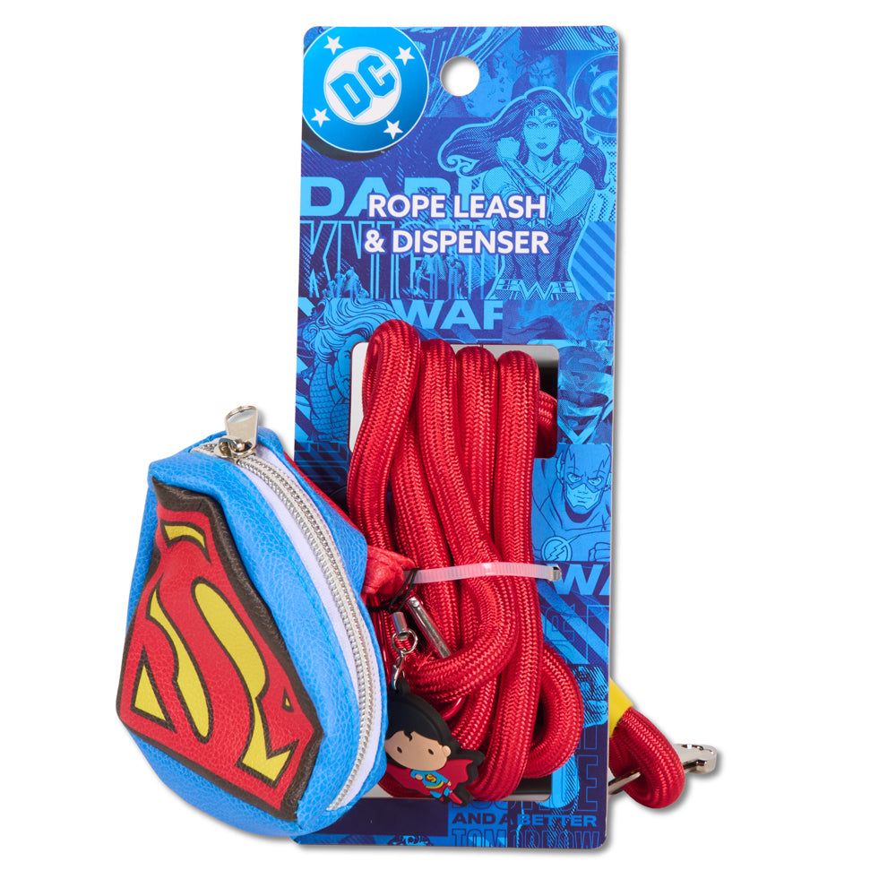 Dog Leash - Superman Red Rope Leash with Super Shield Shape Dispenser Dog Leashes Rope Leash + Waste Bag Dispenser DC Comics