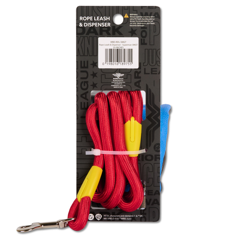 Dog Leash - Superman Red Rope Leash with Super Shield Shape Dispenser Dog Leashes Rope Leash + Waste Bag Dispenser DC Comics