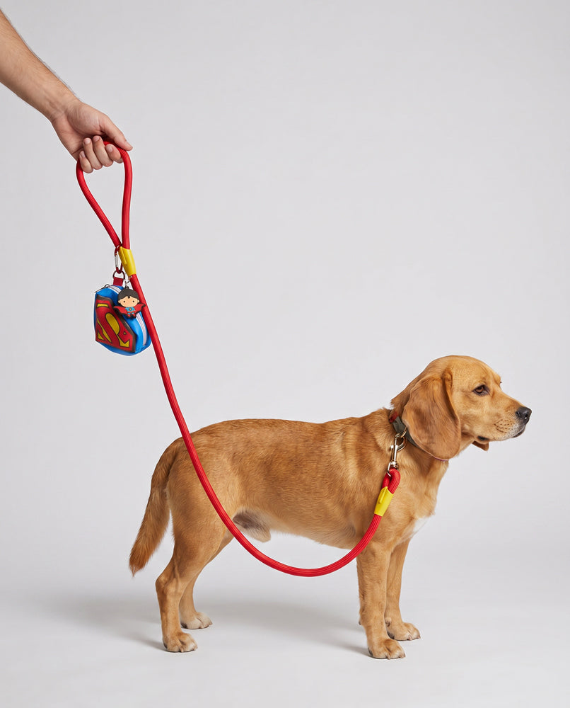 Dog Leash - Superman Red Rope Leash with Super Shield Shape Dispenser Dog Leashes Rope Leash + Waste Bag Dispenser DC Comics