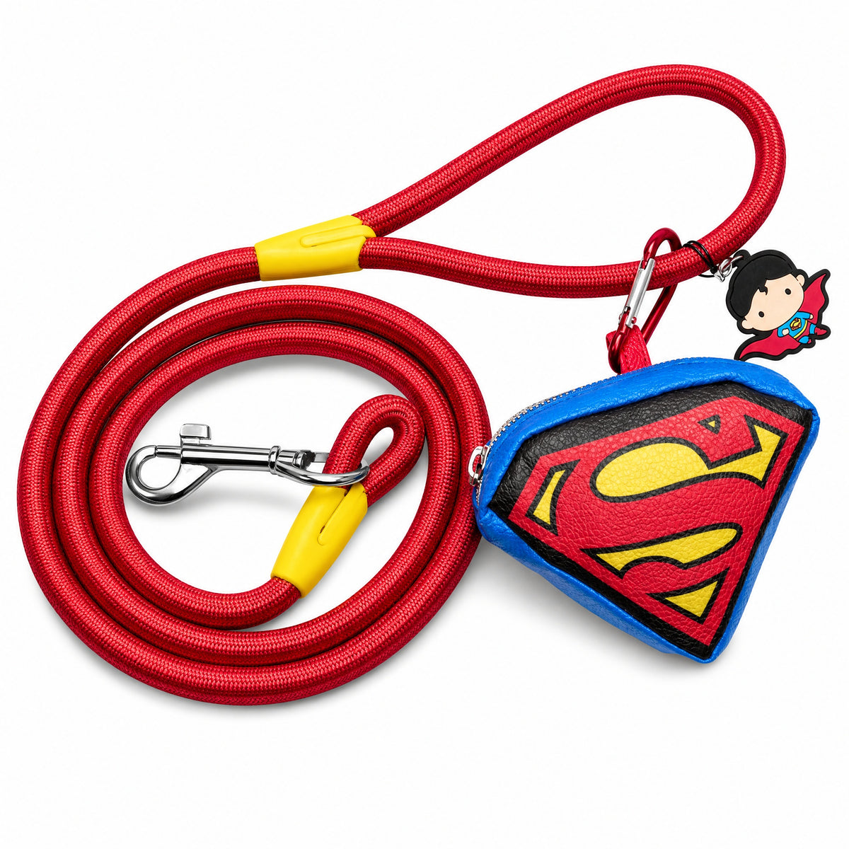 Dog Leash - Superman Red Rope Leash with Super Shield Shape Dispenser Dog Leashes Rope Leash + Waste Bag Dispenser DC Comics