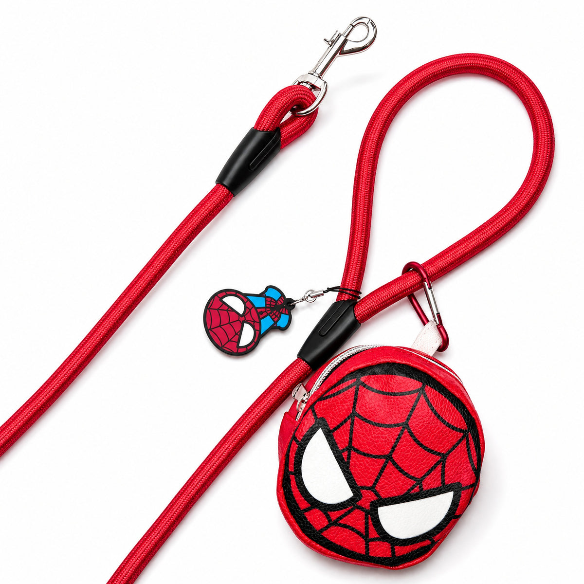 Dog Leash - Spider-Man Red Rope Leash with Face Shape Dispenser Dog Leashes Rope Leash + Waste Bag Dispenser Marvel Comics