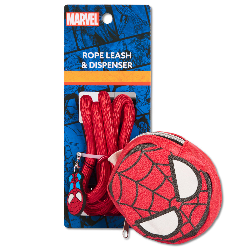 Dog Leash - Spider-Man Red Rope Leash with Face Shape Dispenser Dog Leashes Rope Leash + Waste Bag Dispenser Marvel Comics