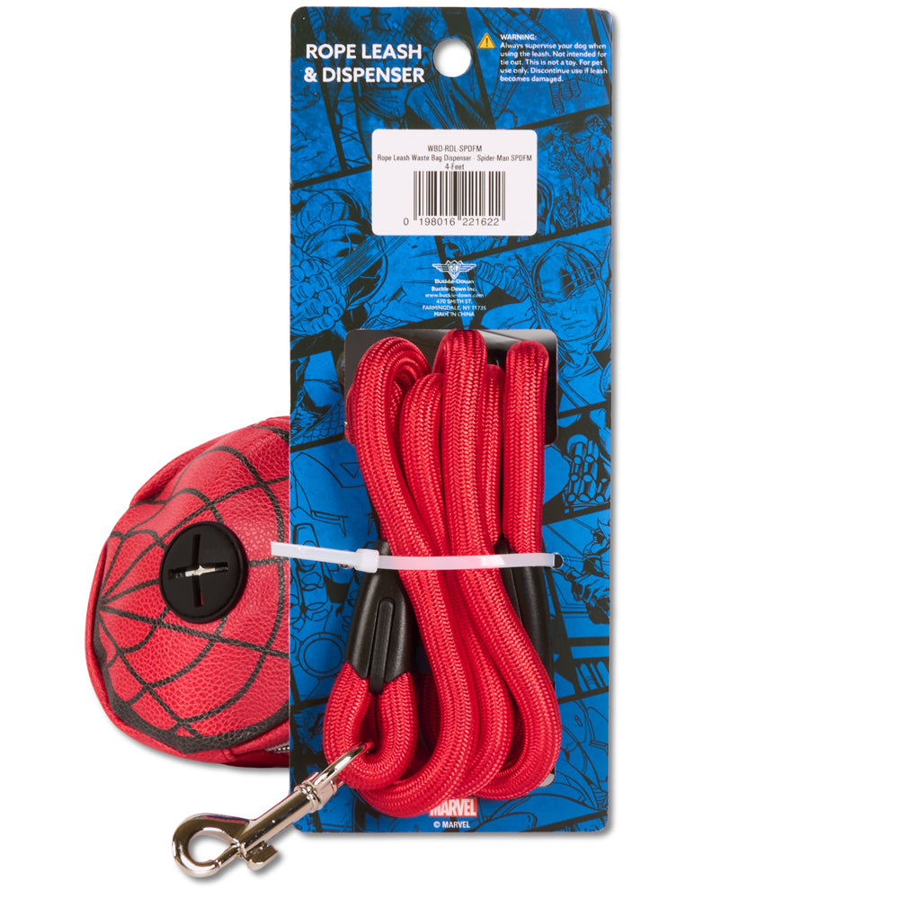 Dog Leash - Spider-Man Red Rope Leash with Face Shape Dispenser Dog Leashes Rope Leash + Waste Bag Dispenser Marvel Comics