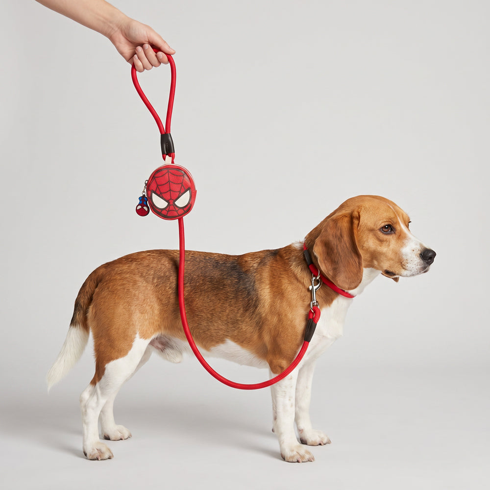 Dog Leash - Spider-Man Red Rope Leash with Face Shape Dispenser Dog Leashes Rope Leash + Waste Bag Dispenser Marvel Comics