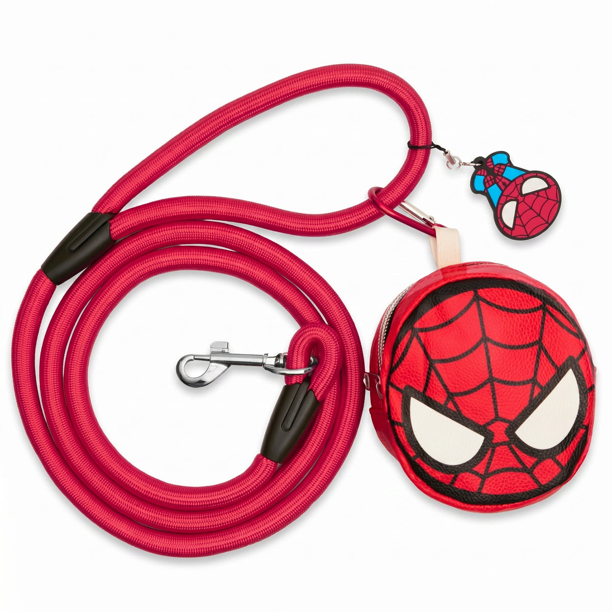 Dog Leash - Spider-Man Red Rope Leash with Face Shape Dispenser Dog Leashes Rope Leash + Waste Bag Dispenser Marvel Comics