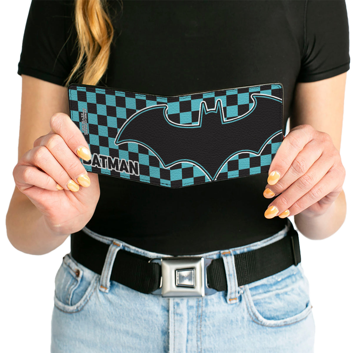 Bi-Fold Wallet - BATMAN Bat Logo Close-Up Checker Teal Black Bi-Fold Wallets DC Comics