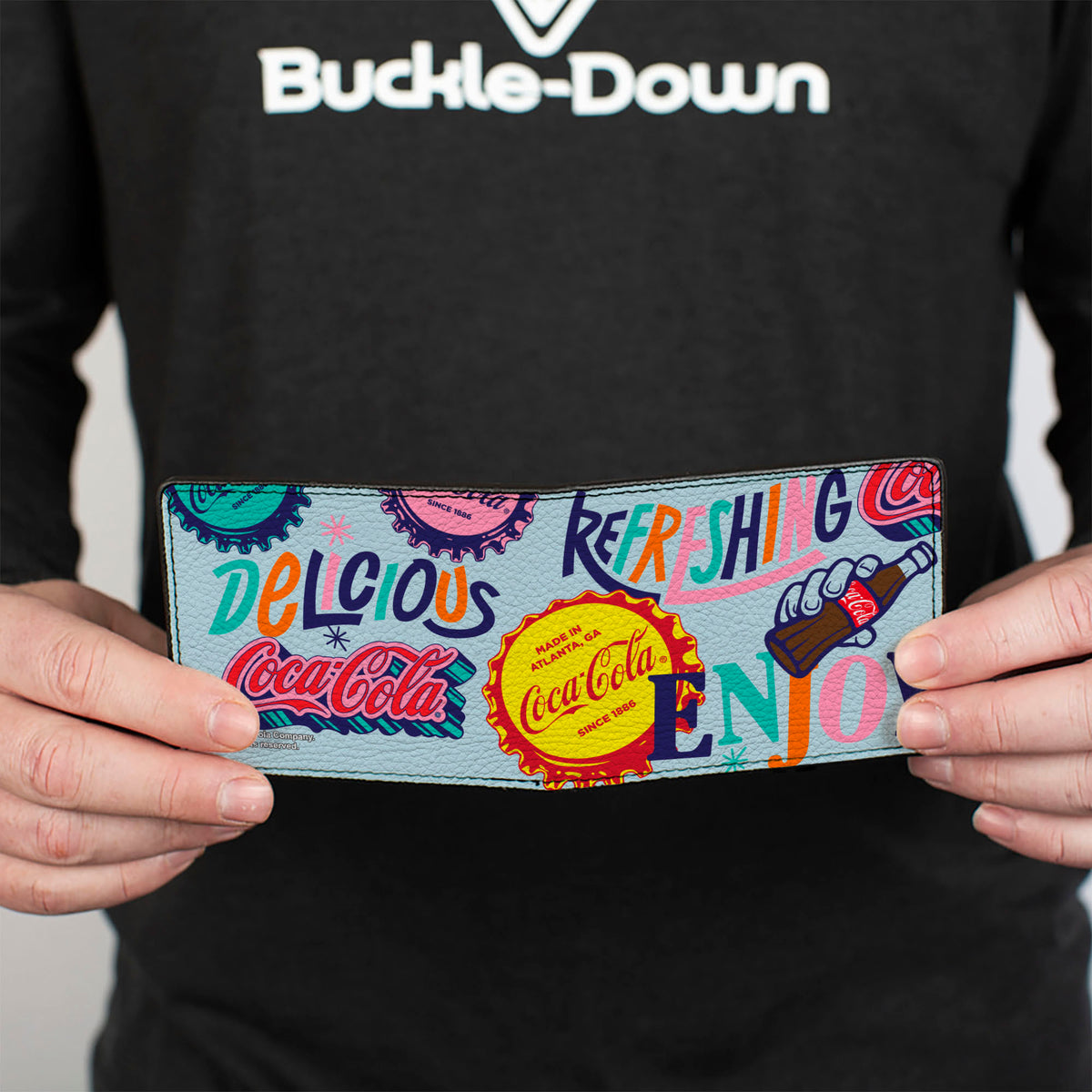 Bi-Fold Wallet - COCA-COLA DELICIOUS REFRESHING Bottle Caps Light Blue/Multi Color Bi-Fold Wallets Coca-Cola