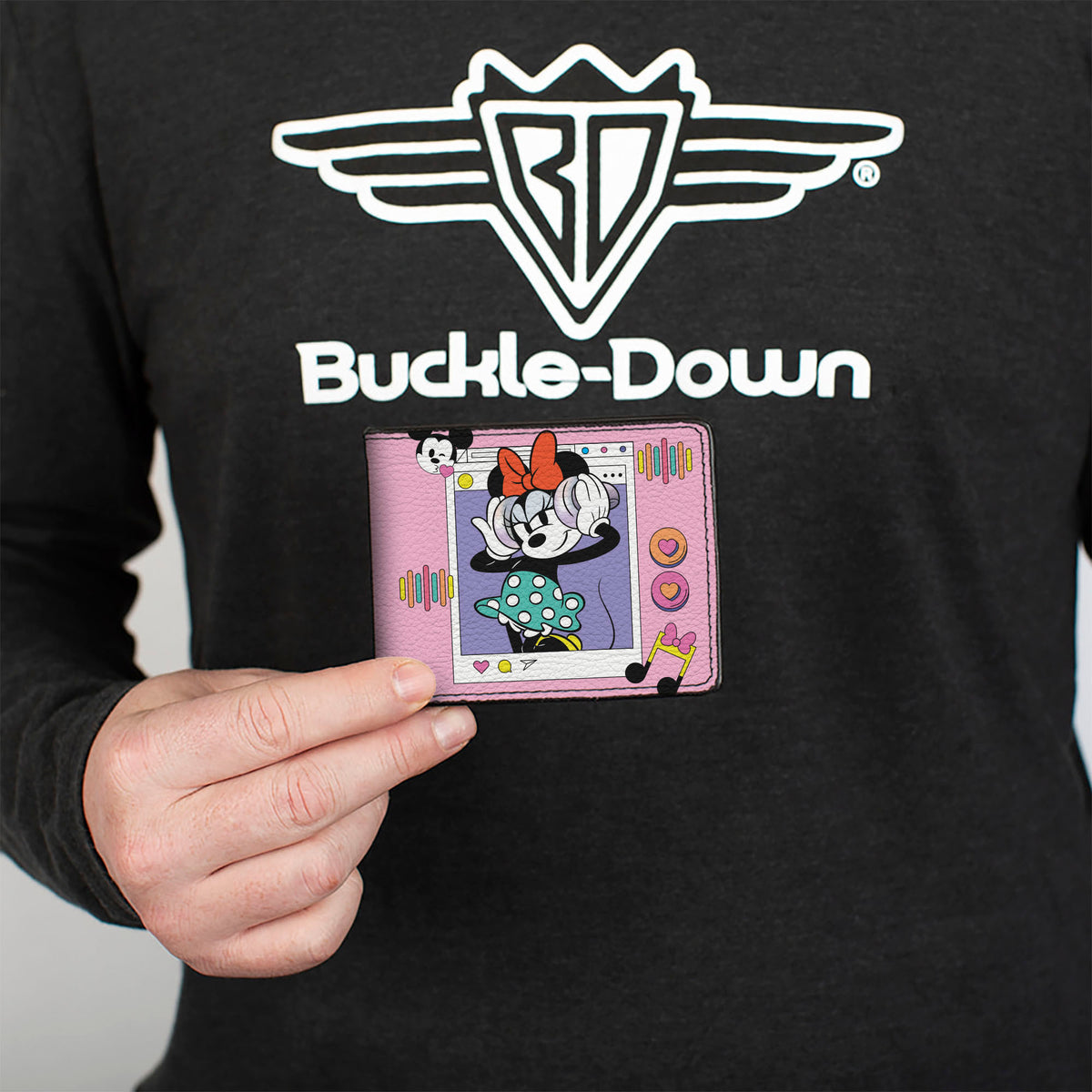 Bi-Fold Wallet - Minnie Mouse Music Pose and Winking Smile Text Pink/Blue Bi-Fold Wallets Disney