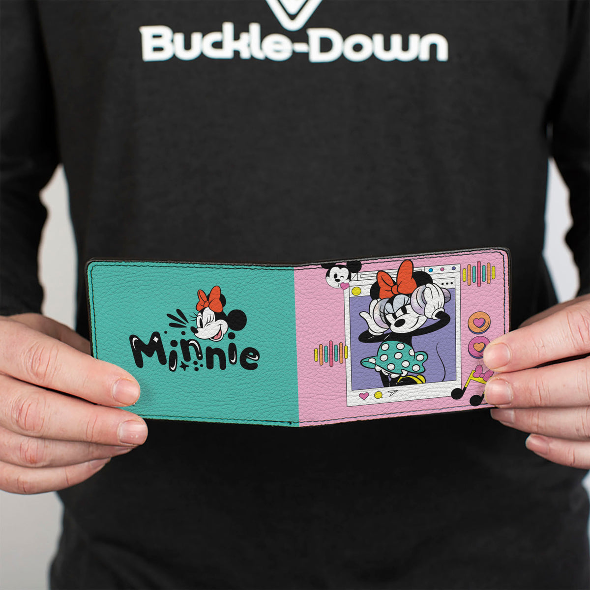 Bi-Fold Wallet - Minnie Mouse Music Pose and Winking Smile Text Pink/Blue Bi-Fold Wallets Disney