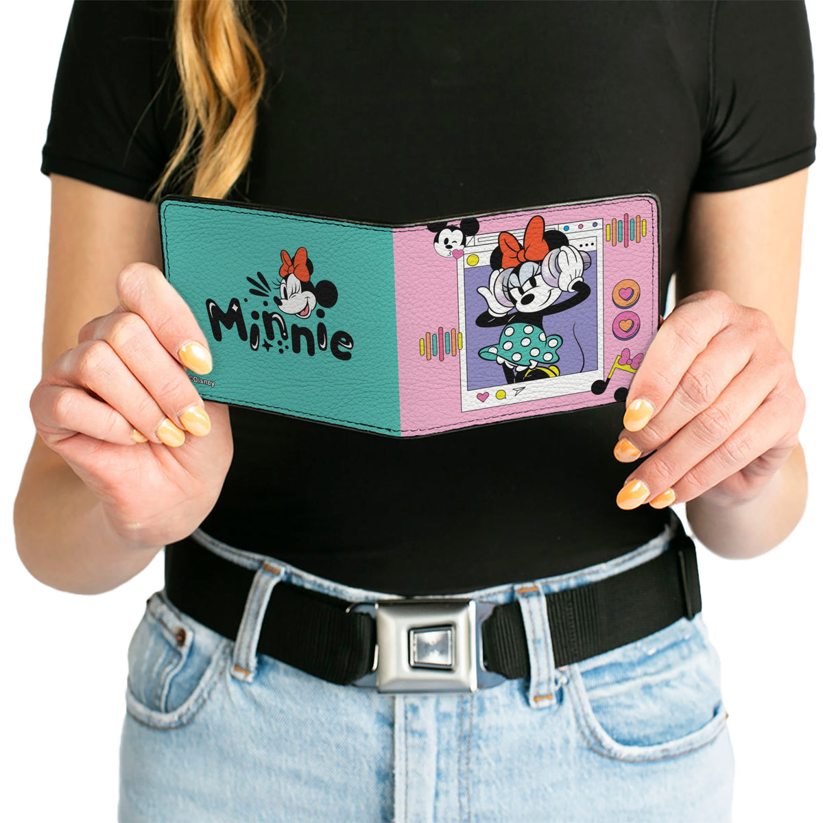 Bi-Fold Wallet - Minnie Mouse Music Pose and Winking Smile Text Pink/Blue Bi-Fold Wallets Disney