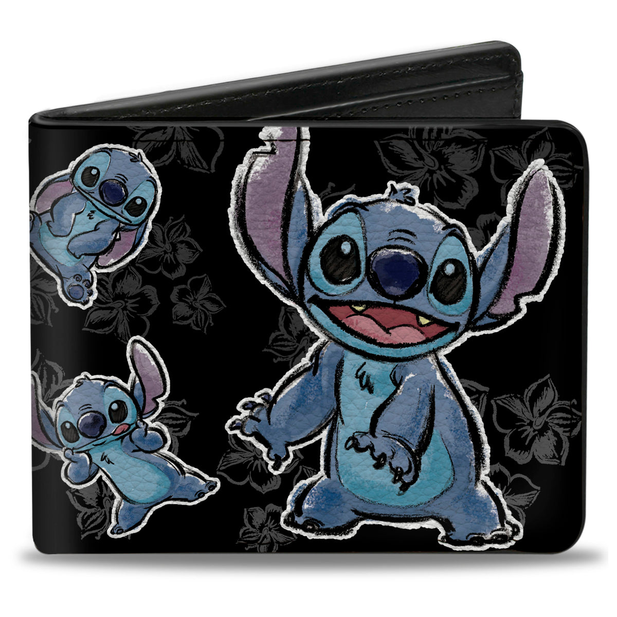 Bi-Fold Wallet - Stitch 3-Poses/Hibiscus Sketch Black/Grays Bi-Fold Wallets Disney