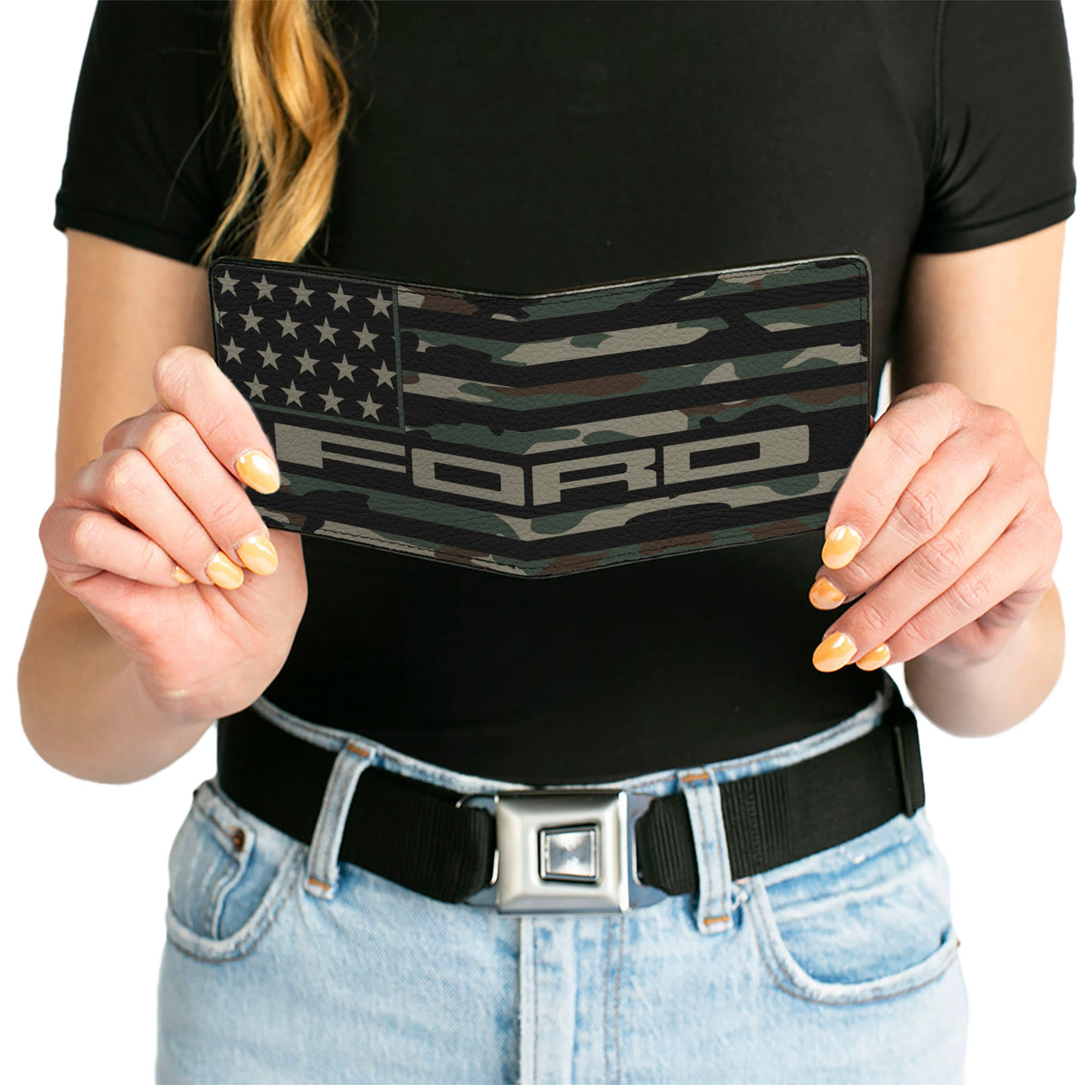 Bi-Fold Wallet - FORD Script Americana Flag Weathered Camo Olive Black Tan Bi-Fold Wallets Ford