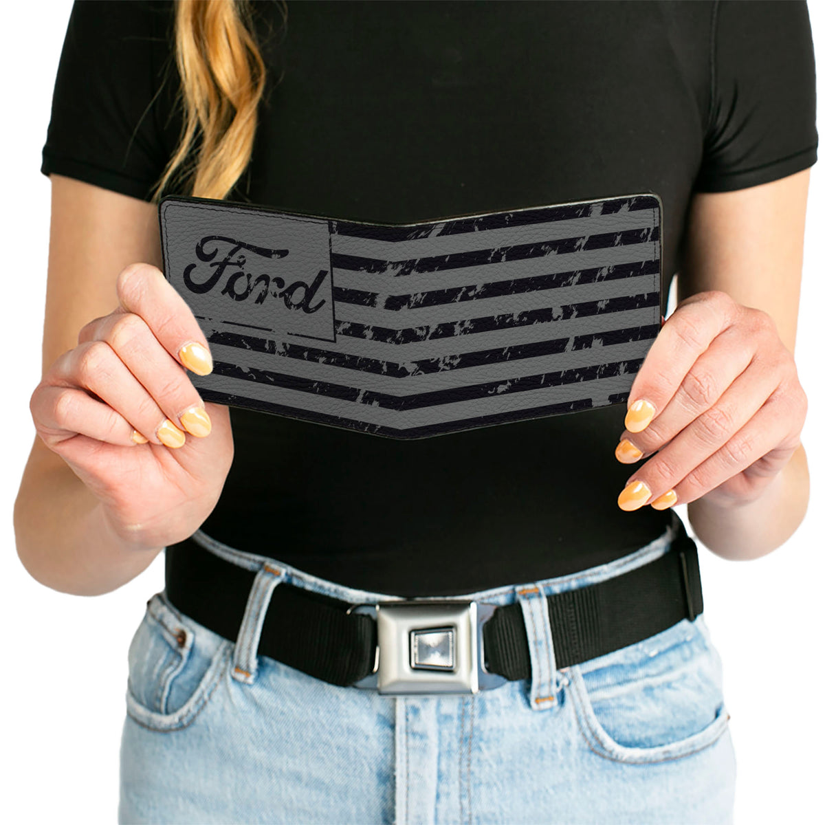 Bi-Fold Wallet - FORD Script Americana Flag Weathered Gray Black Bi-Fold Wallets Ford
