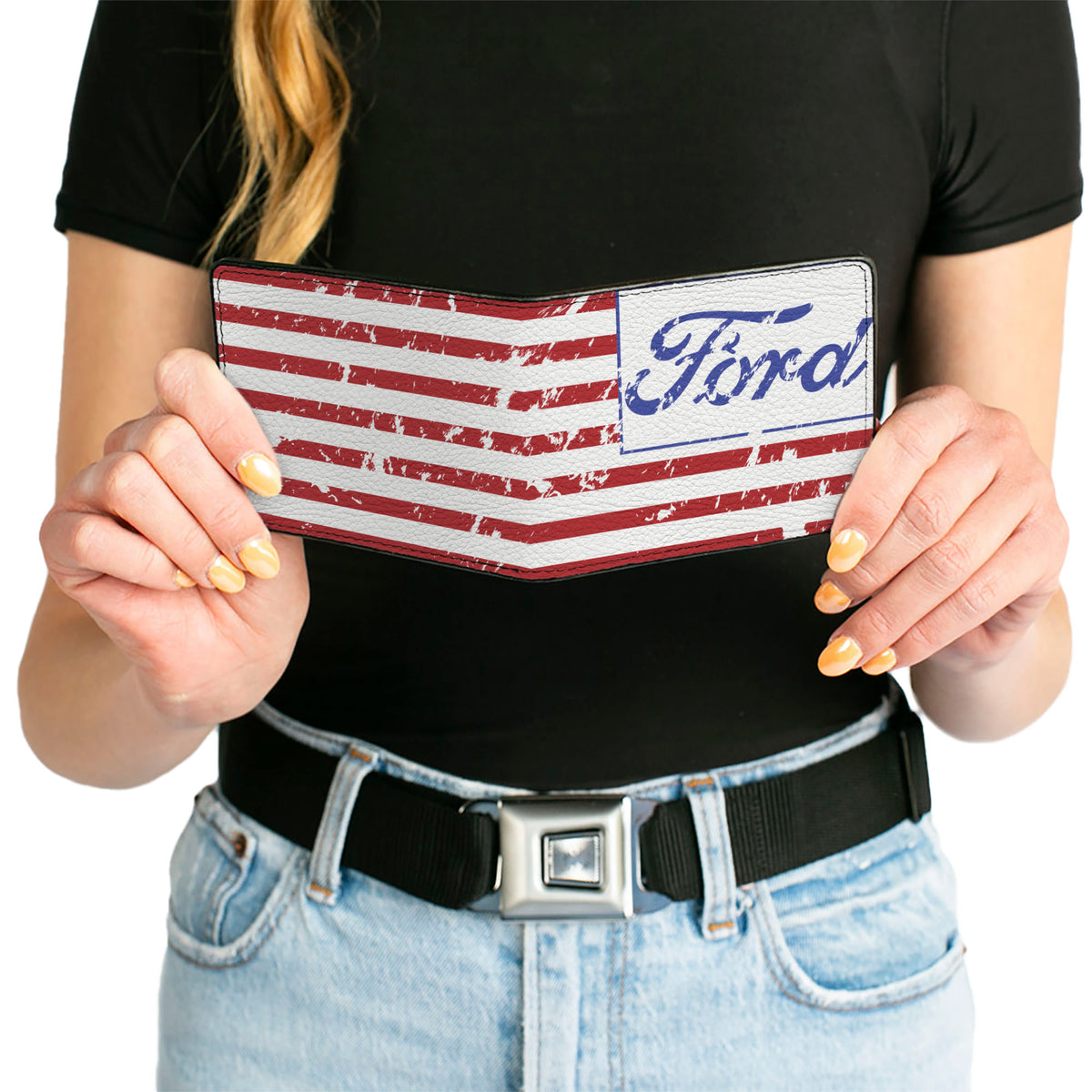 Bi-Fold Wallet - FORD Script Americana Flag Weathered White Red Blue Bi-Fold Wallets Ford