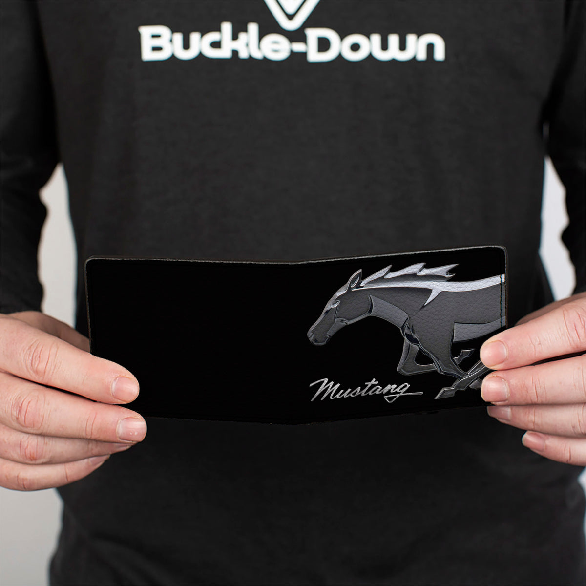 Bi-Fold Wallet - Mustang Chrome Pony MUSTANG Script Black Silver Bi-Fold Wallets Ford