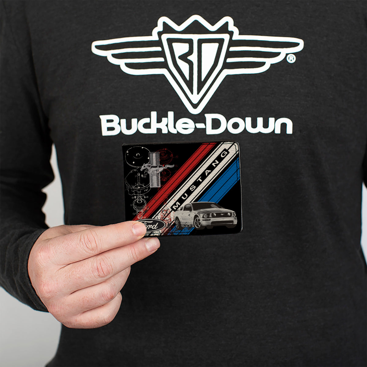Bi-Fold Wallet - Mustang Tri-Bar Logo Diagonal Stripe Blueprint Black Red White Blue Bi-Fold Wallets Ford