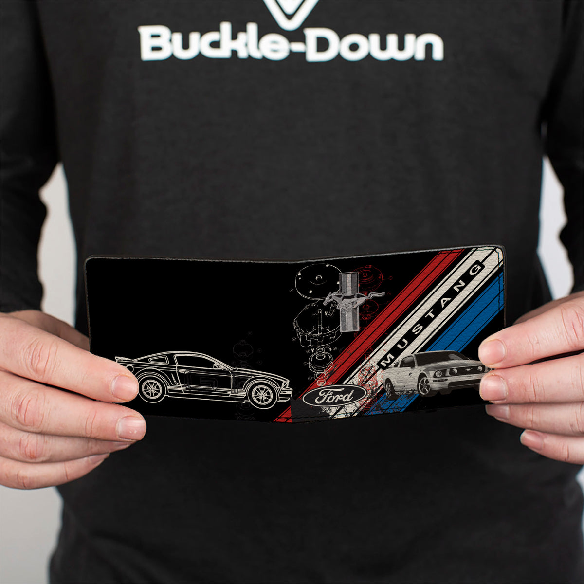 Bi-Fold Wallet - Mustang Tri-Bar Logo Diagonal Stripe Blueprint Black Red White Blue Bi-Fold Wallets Ford
