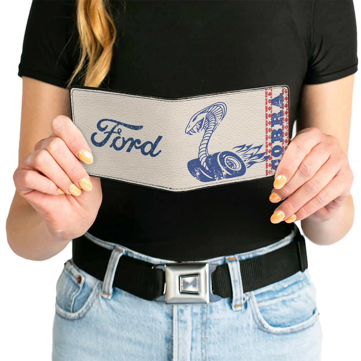 Bi-Fold Wallet - Vintage Cobra Jet Logo COBRA Stars + FORD Script Ivory Navy Red Bi-Fold Wallets Ford