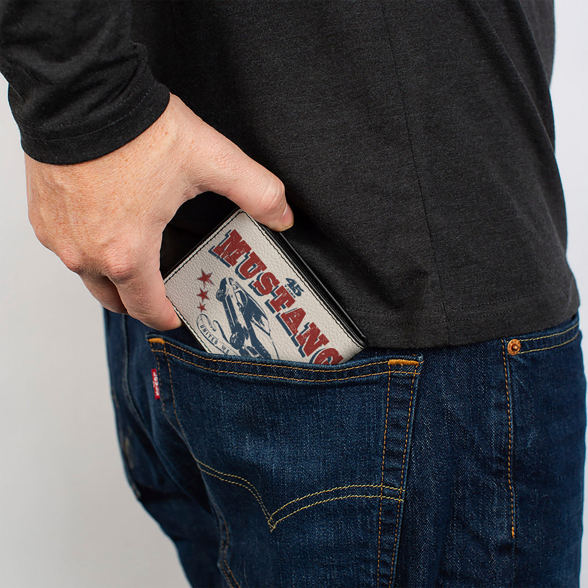 Bi-Fold Wallet - Vintage MUSTANG 45 YEARS UNITED WE 'STANG Scroll Ivory Navy Red Bi-Fold Wallets Ford