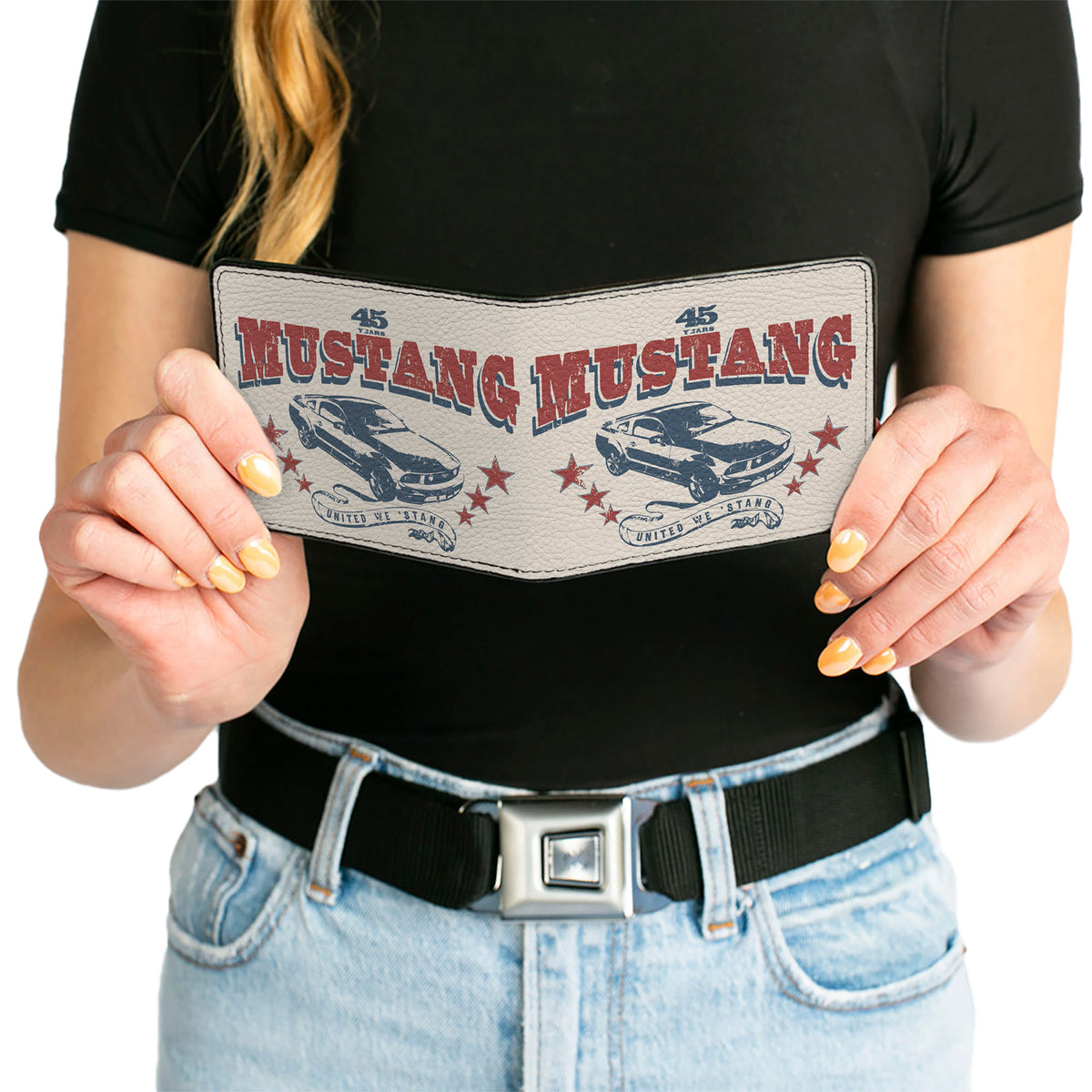 Bi-Fold Wallet - Vintage MUSTANG 45 YEARS UNITED WE 'STANG Scroll Ivory Navy Red Bi-Fold Wallets Ford