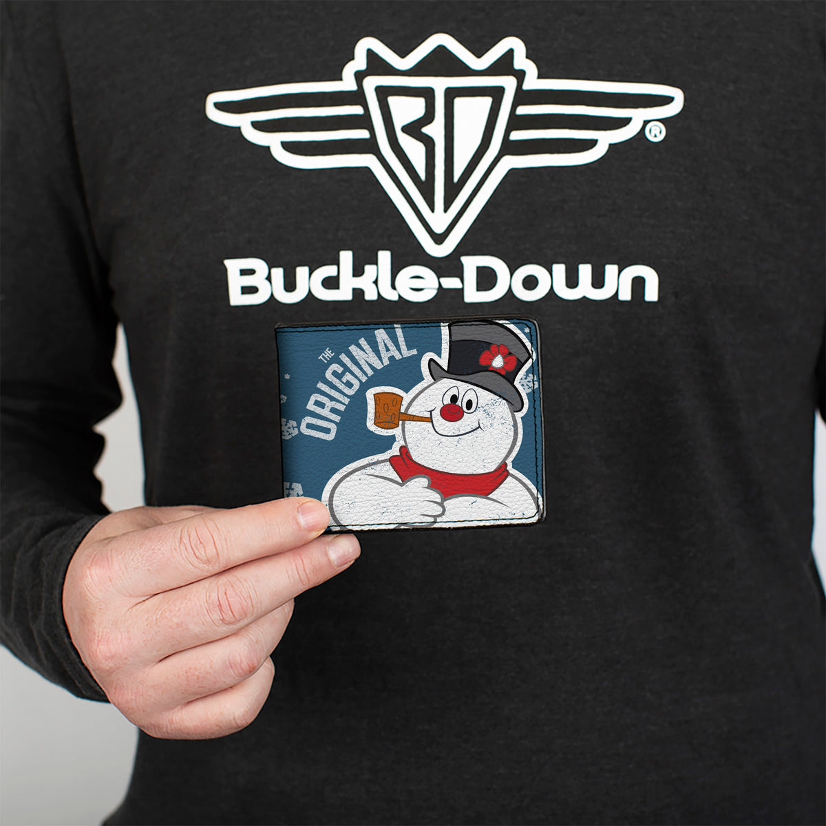 Bi-Fold Wallet - THE ORIGINAL Frosty the Snowman Pose Snowflakes Blue White Bi-Fold Wallets Frosty the Snowman