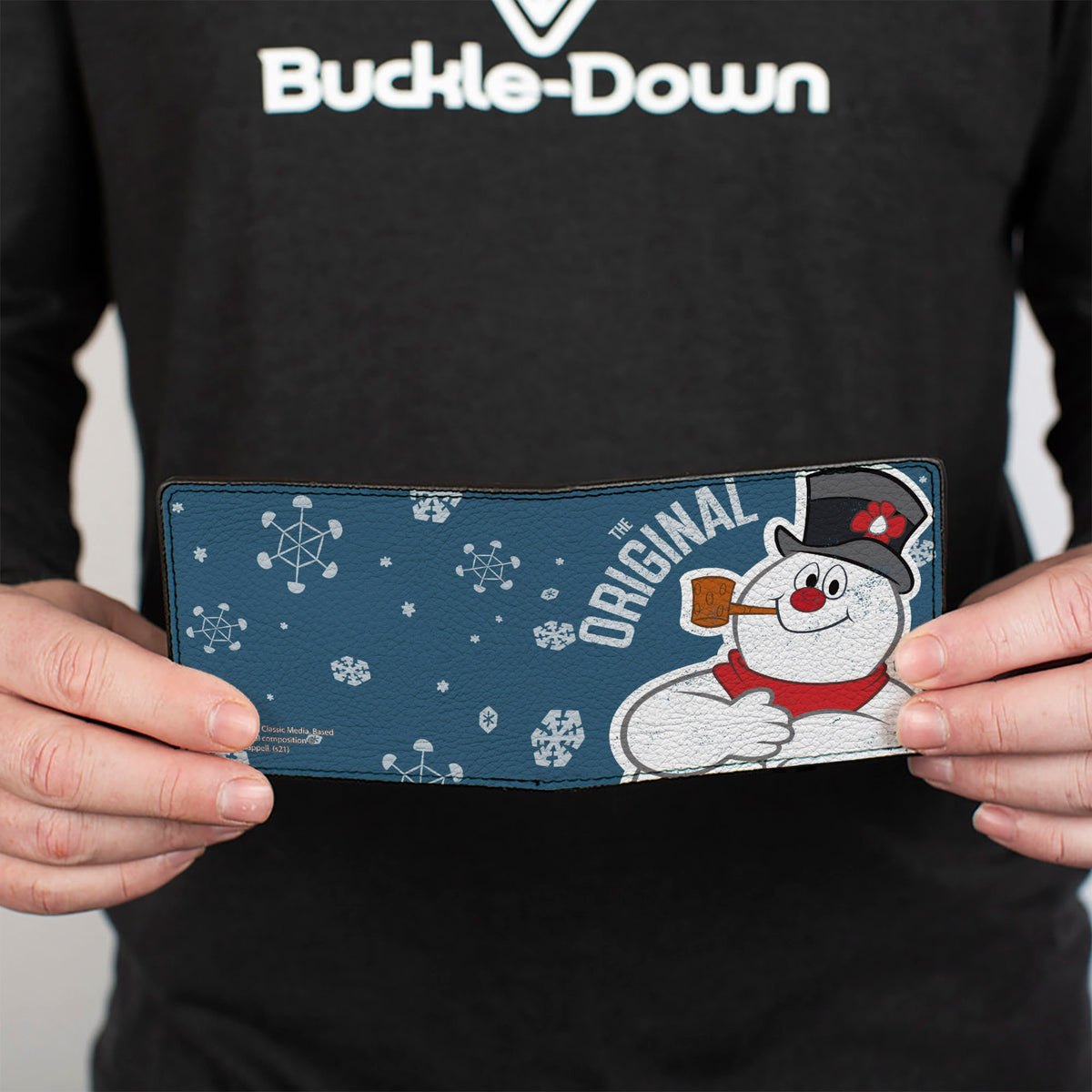 Bi-Fold Wallet - THE ORIGINAL Frosty the Snowman Pose Snowflakes Blue White Bi-Fold Wallets Frosty the Snowman