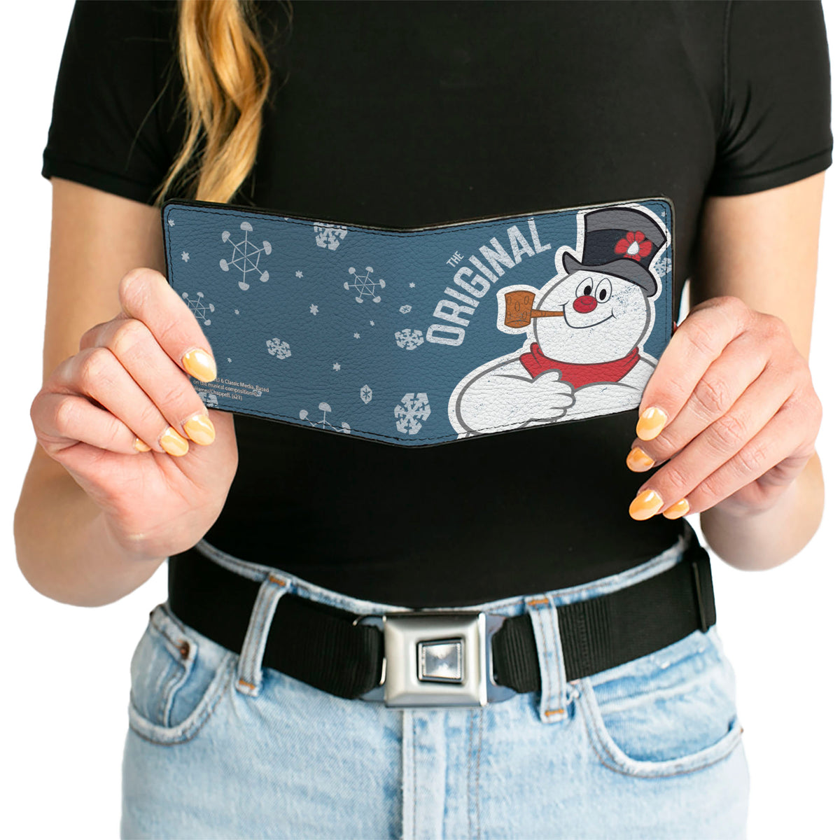 Bi-Fold Wallet - THE ORIGINAL Frosty the Snowman Pose Snowflakes Blue White Bi-Fold Wallets Frosty the Snowman