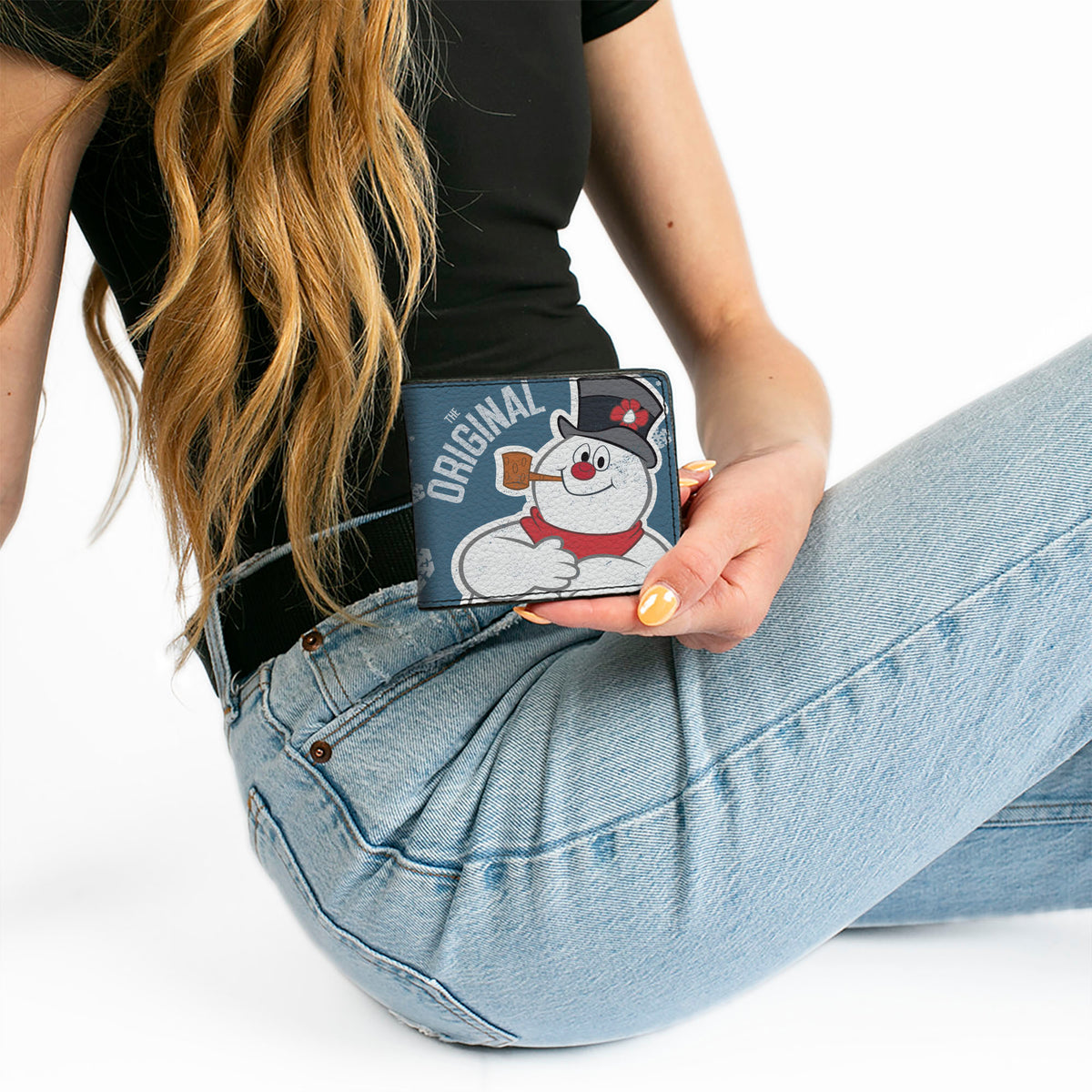 Bi-Fold Wallet - THE ORIGINAL Frosty the Snowman Pose Snowflakes Blue White Bi-Fold Wallets Frosty the Snowman