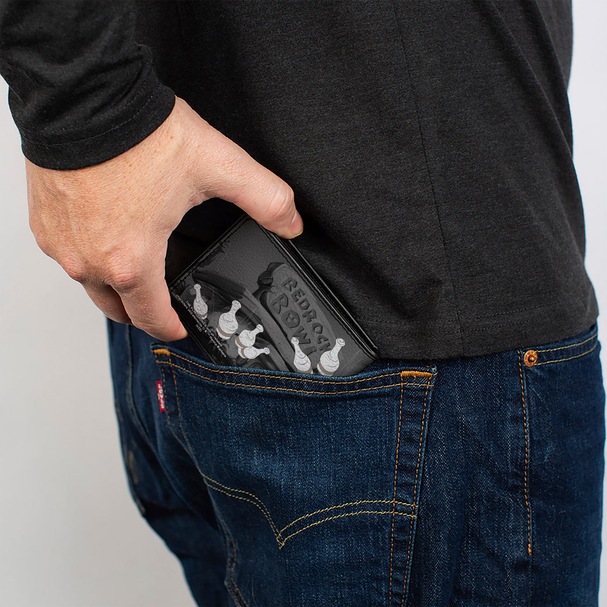 Bi-Fold Wallet - Fred Bowling Pose + BEDROCK BOWL Bowling Pins Black Grays Bi-Fold Wallets The Flintstones