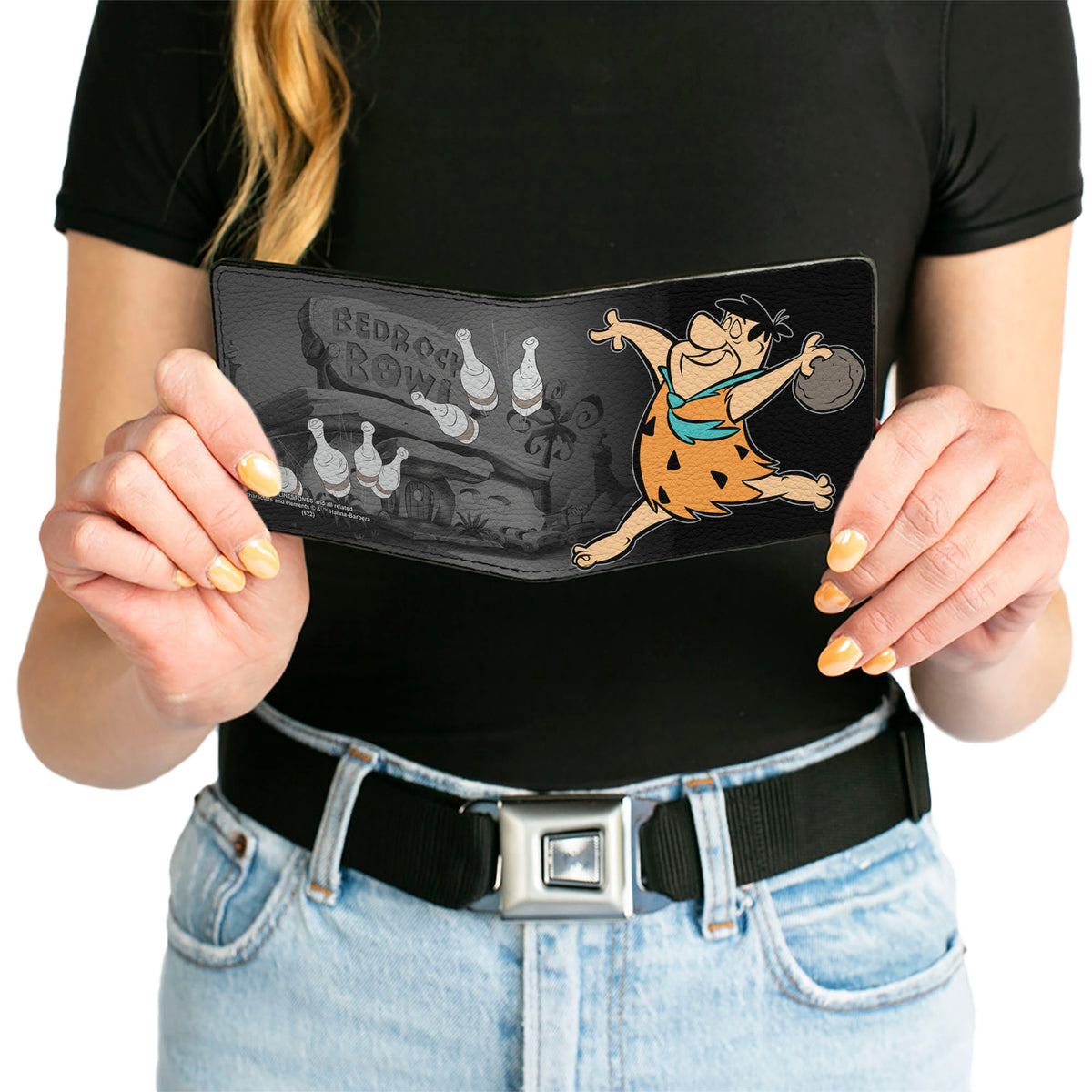 Bi-Fold Wallet - Fred Bowling Pose + BEDROCK BOWL Bowling Pins Black Grays Bi-Fold Wallets The Flintstones