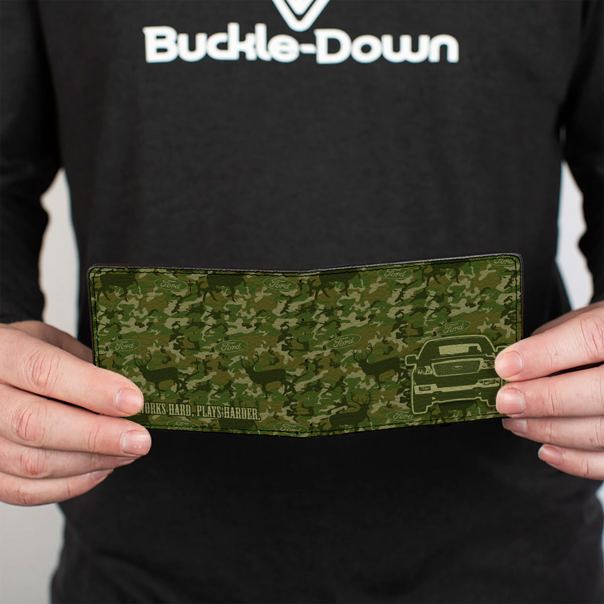Bi-Fold Wallet - Ford Truck + WORKS HARD, PLAYS HARDER Deer Hunter Camo Olive Bi-Fold Wallets Ford
