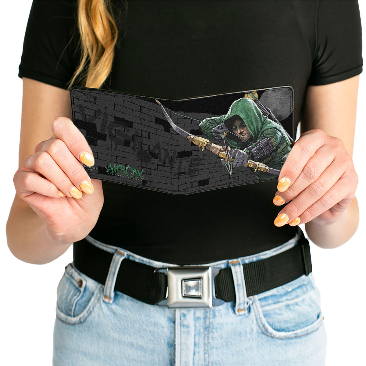 Bi-Fold Wallet - Arrow Aiming Pose + VIGILANTE Bricks Black Grays Bi-Fold Wallets DC Comics