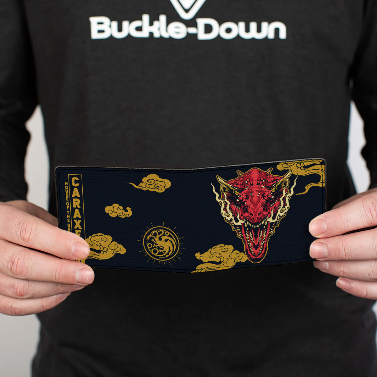 Bi-Fold Wallet - HOUSE OF THE DRAGON CARAXES Breathing Fire Pose and Clouds Black/Yellow/Red Bi-Fold Wallets House of the Dragon
