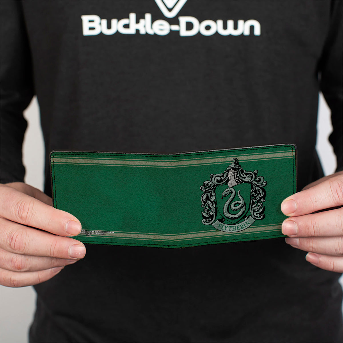 Bi-Fold Wallet - SLYTHERIN Crest Stripe6 Weathered Greens Grays Bi-Fold Wallets Harry Potter