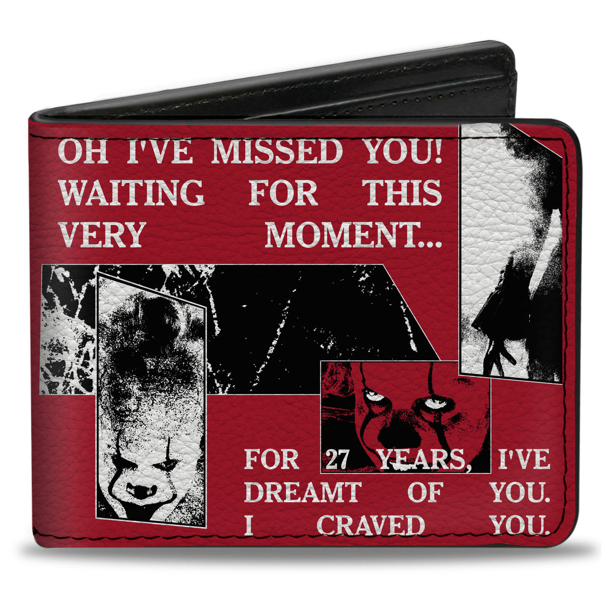 Bi-Fold Wallet - IT Pennywise Poses and Quotes Collage Red/White/Grays Bi-Fold Wallets IT