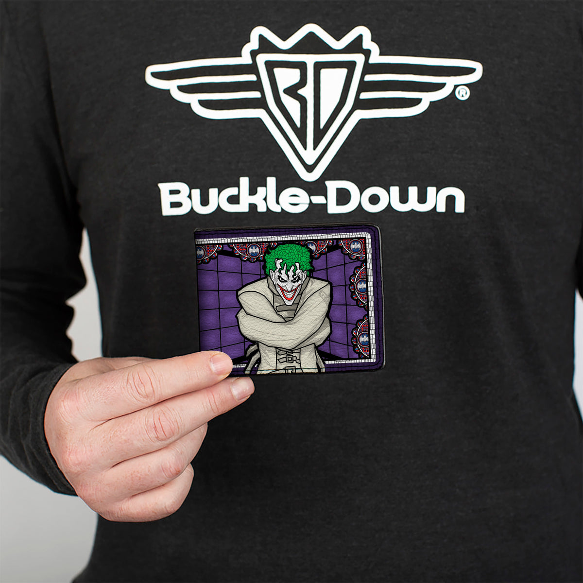 Bi-Fold Wallet - Joker Stained Glass Straitjacket Pose Bat Logo Purples Red Blue White Bi-Fold Wallets DC Comics