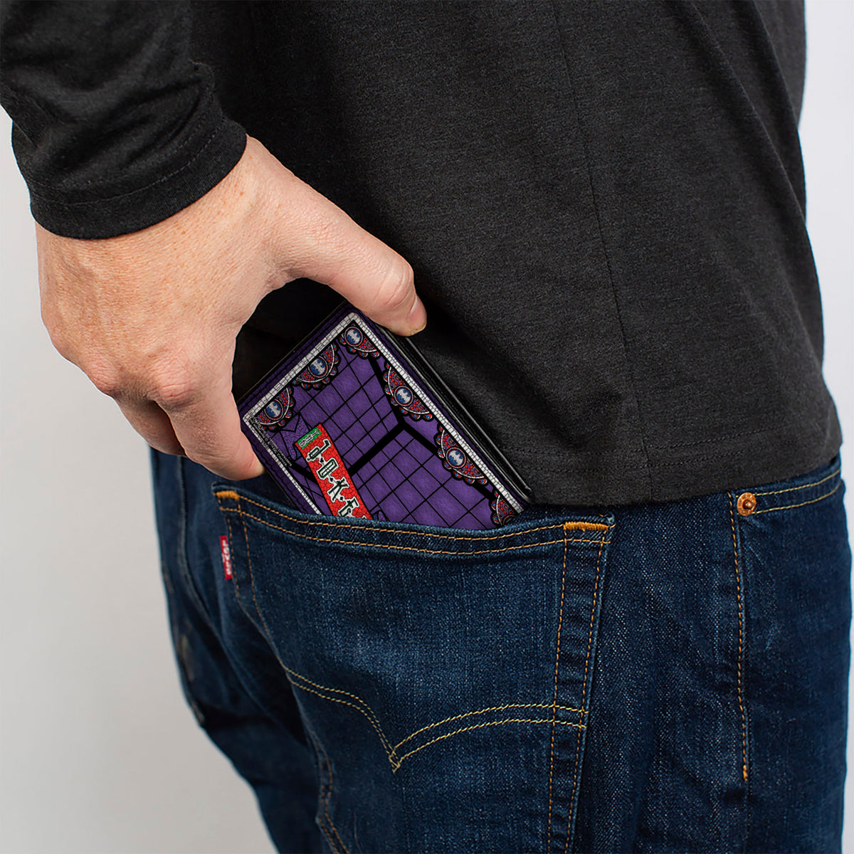 Bi-Fold Wallet - Joker Stained Glass Straitjacket Pose Bat Logo Purples Red Blue White Bi-Fold Wallets DC Comics