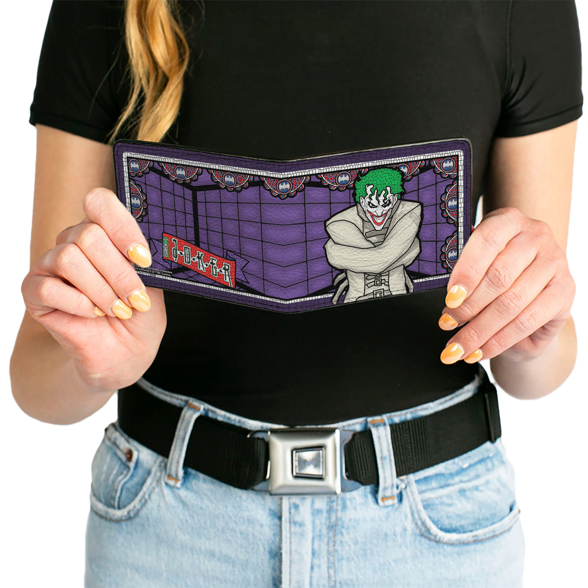 Bi-Fold Wallet - Joker Stained Glass Straitjacket Pose Bat Logo Purples Red Blue White Bi-Fold Wallets DC Comics