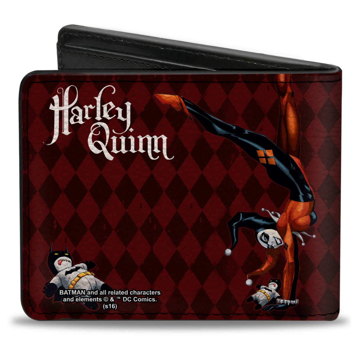 Bi-Fold Wallet - HARLEY QUINN w Batman Voodoo Doll Holding Bomb + Hand Stand Diamonds Reds White Bi-Fold Wallets DC Comics