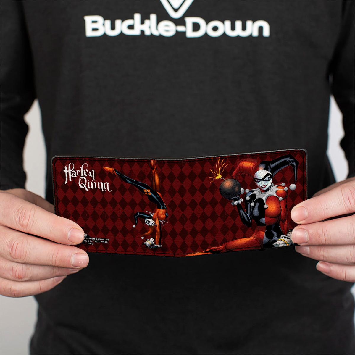 Bi-Fold Wallet - HARLEY QUINN w Batman Voodoo Doll Holding Bomb + Hand Stand Diamonds Reds White Bi-Fold Wallets DC Comics