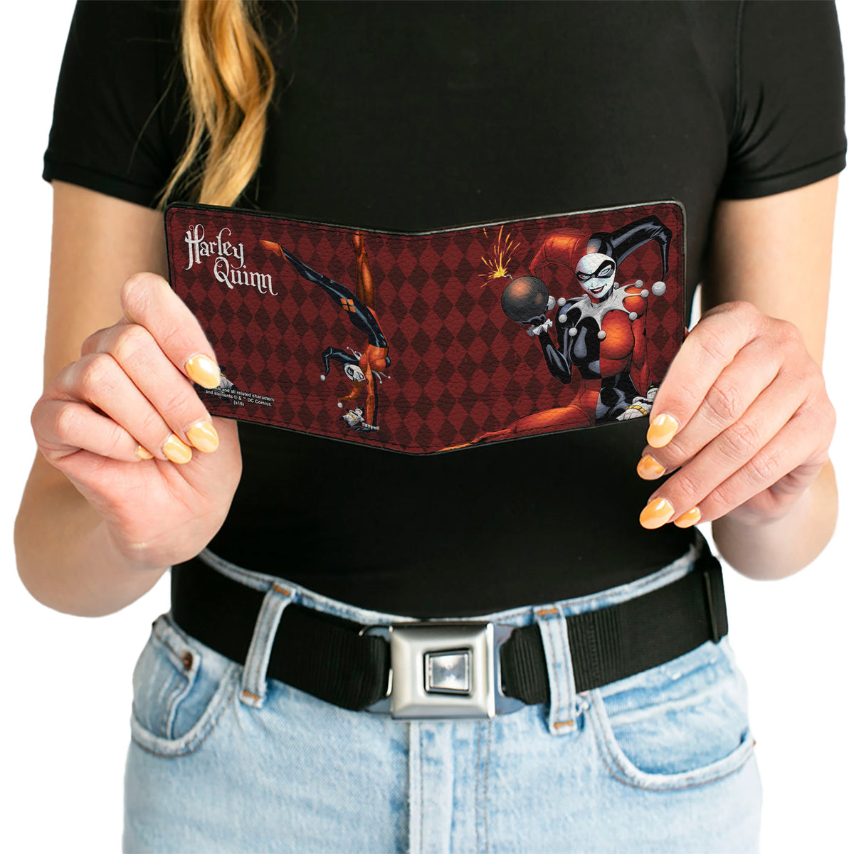 Bi-Fold Wallet - HARLEY QUINN w Batman Voodoo Doll Holding Bomb + Hand Stand Diamonds Reds White Bi-Fold Wallets DC Comics