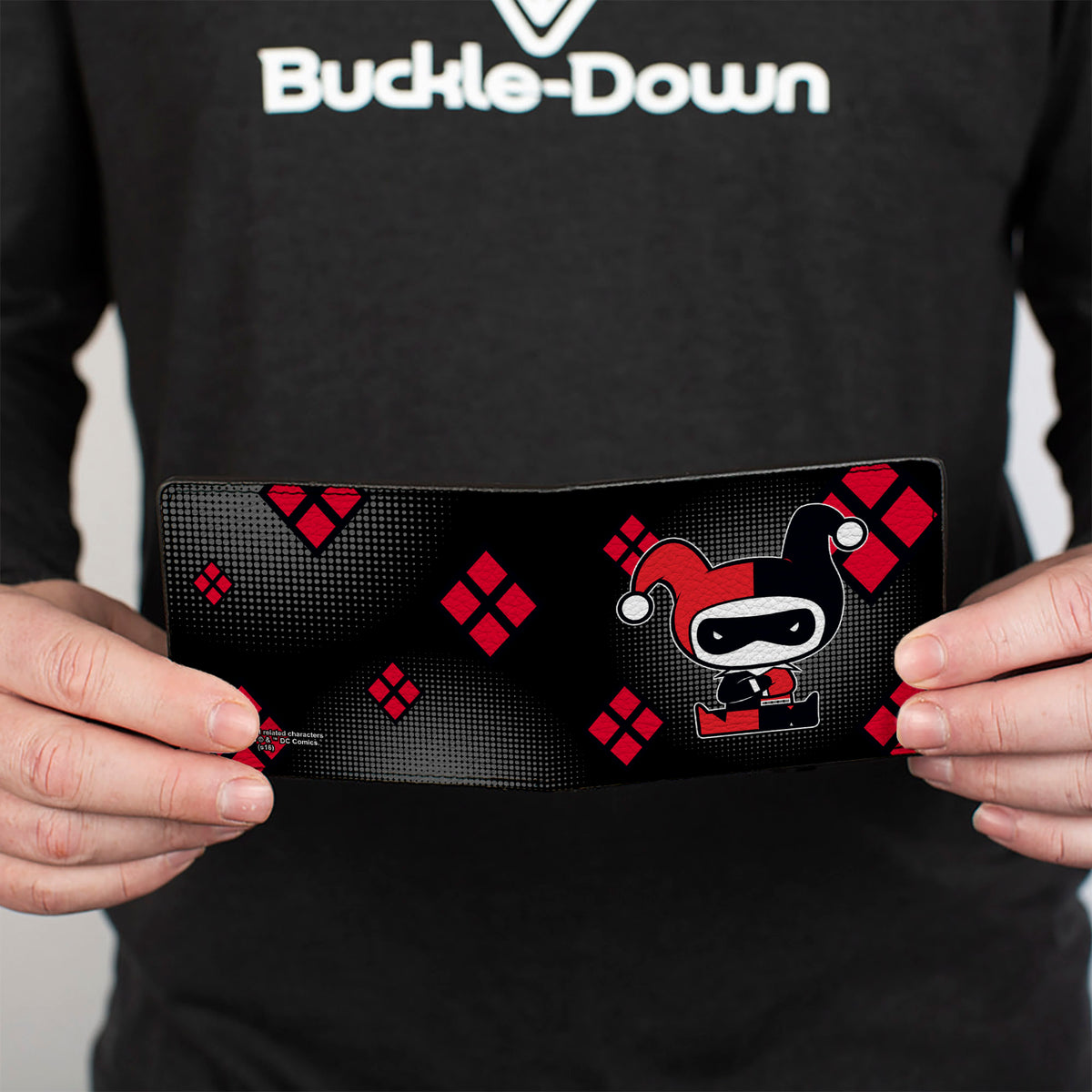 Bi-Fold Wallet - Chibi Harley Quinn Splits Dots Diamonds Black Gray Red Bi-Fold Wallets DC Comics