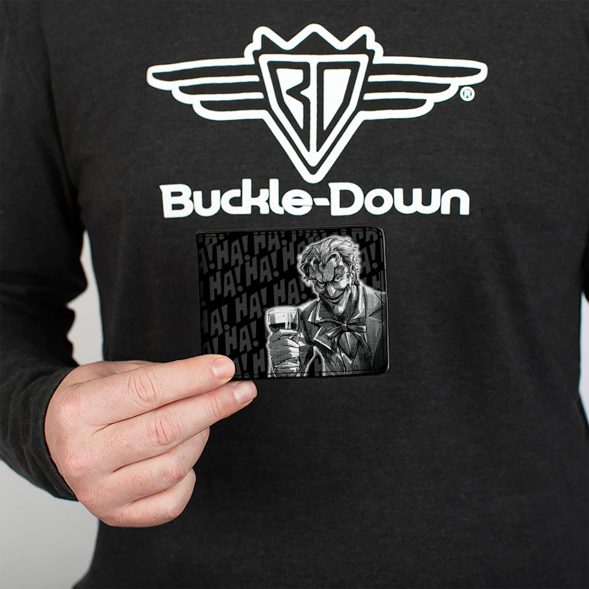 Bi-Fold Wallet - THE JOKER Wine Glass Pose HA! HA! Black Grays White Bi-Fold Wallets DC Comics