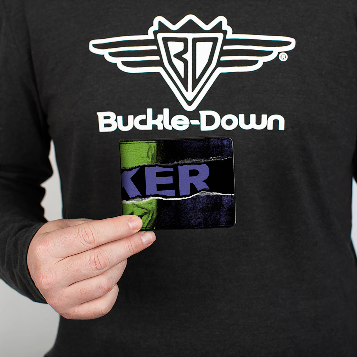 Bi-Fold Wallet - THE JOKER Smiling Pose and Text Over Eyes Black/Purples/Greens Bi-Fold Wallets DC Comics